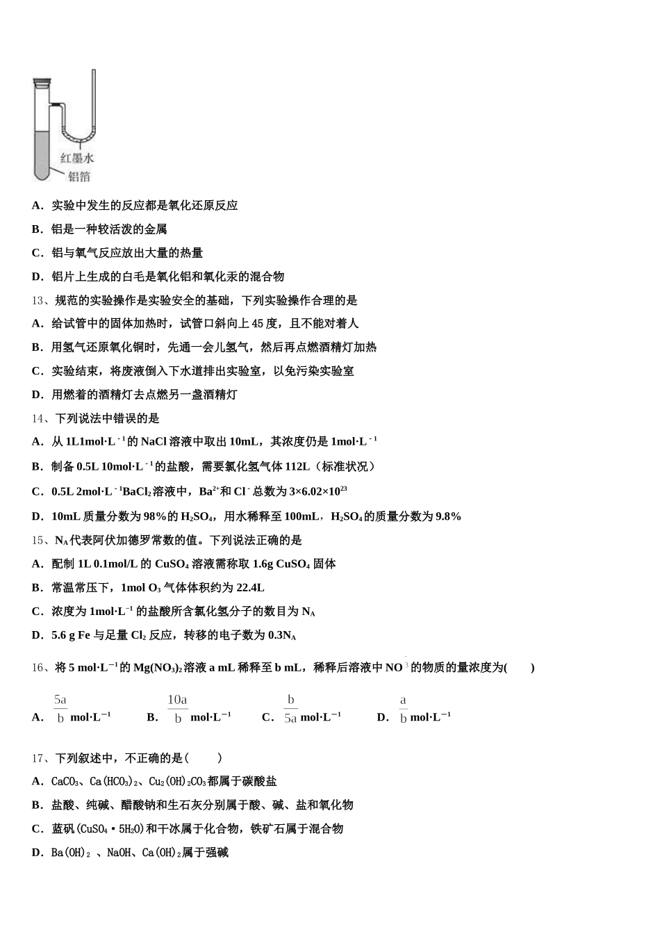 广东广雅中学2026届高一上化学期中复习检测试题含解析_第3页