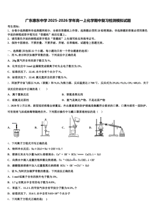 广东惠东中学2025-2026学年高一上化学期中复习检测模拟试题含解析