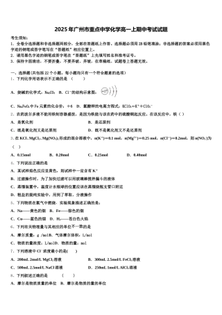 2025年广州市重点中学化学高一上期中考试试题含解析