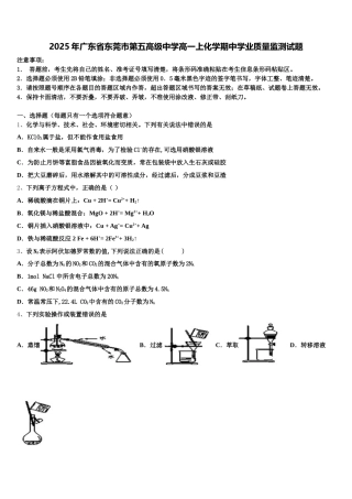 2025年广东省东莞市第五高级中学高一上化学期中学业质量监测试题含解析
