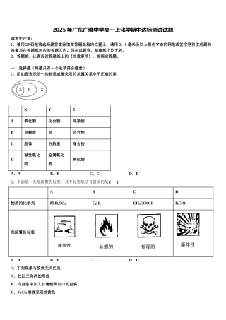2025年广东广雅中学高一上化学期中达标测试试题含解析