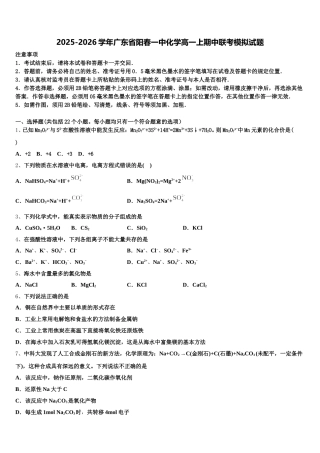 2025-2026学年广东省阳春一中化学高一上期中联考模拟试题含解析