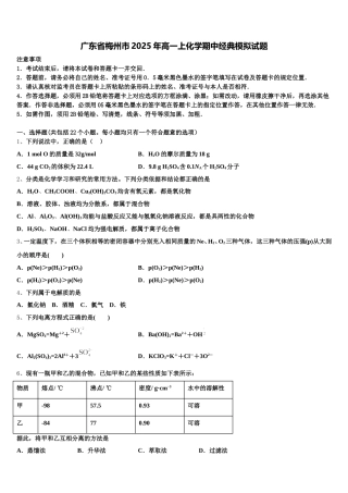 广东省梅州市2025年高一上化学期中经典模拟试题含解析