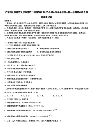 广东省北京师范大学东莞石竹附属学校2025-2026学年化学高一第一学期期中综合测试模拟试题含解析