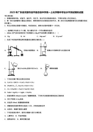 2025年广东省河源市连平县忠信中学高一上化学期中学业水平测试模拟试题含解析