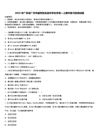 2025年广东省广州市越秀区执信中学化学高一上期中复习检测试题含解析