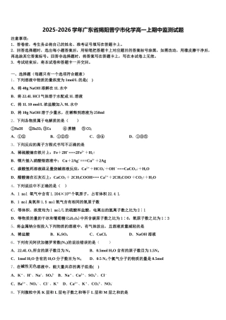 2025-2026学年广东省揭阳普宁市化学高一上期中监测试题含解析