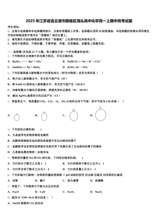 2025年江苏省连云港市赣榆区海头高中化学高一上期中统考试题含解析