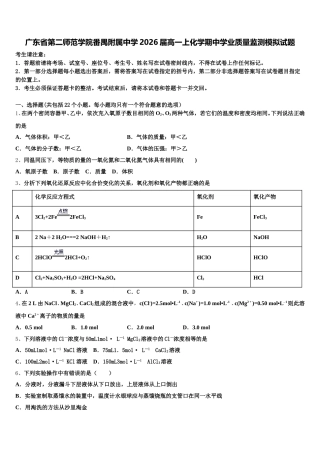 广东省第二师范学院番禺附属中学2026届高一上化学期中学业质量监测模拟试题含解析