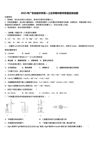 2025年广东实验中学高一上化学期中教学质量检测试题含解析