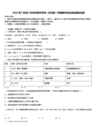 2025年广东省广州市岭南中学高一化学第一学期期中综合测试模拟试题含解析