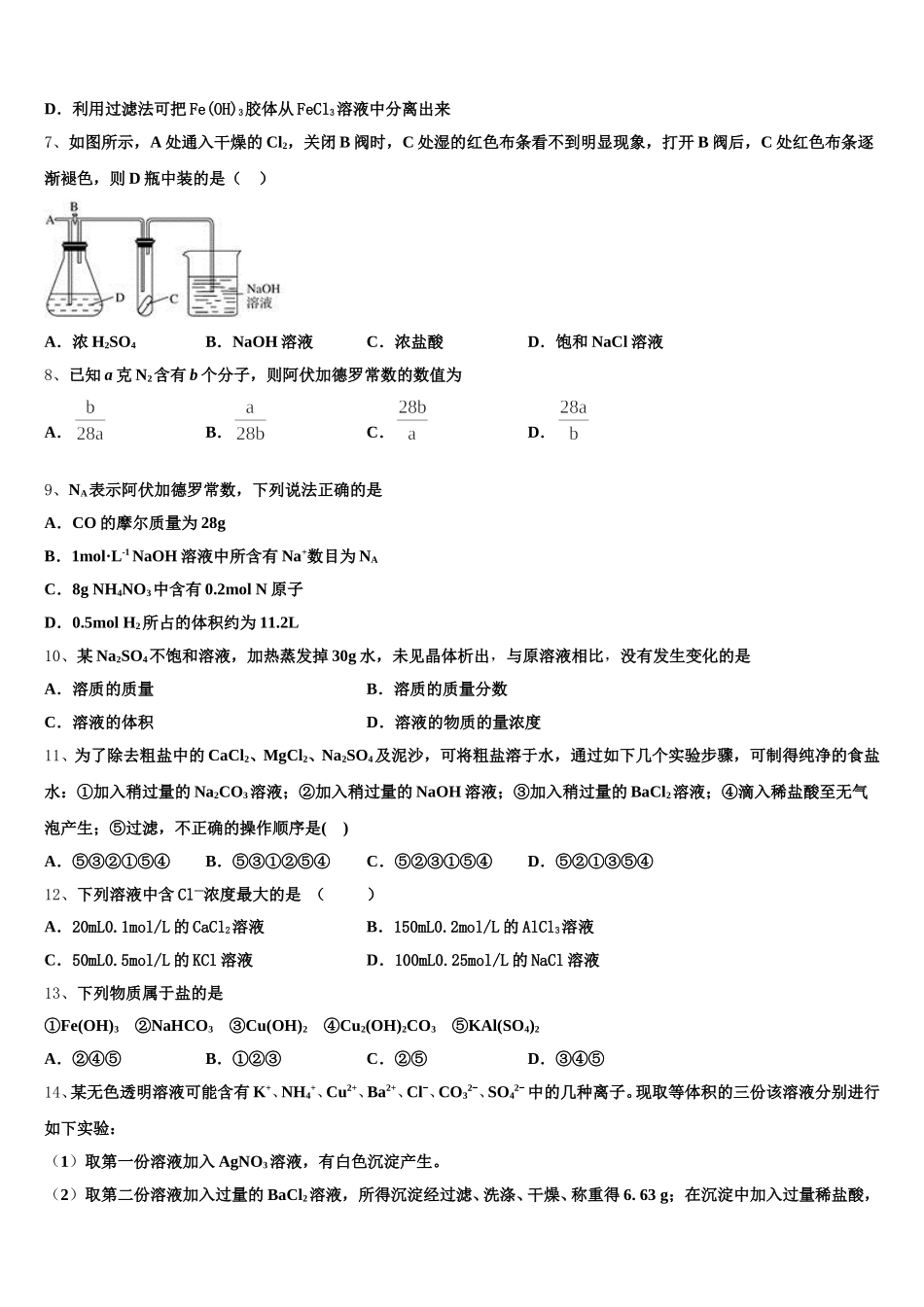 2026届广东湛江市大成中学高一化学第一学期期中达标检测模拟试题含解析_第2页