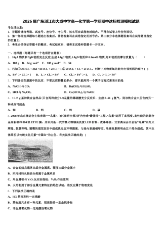2026届广东湛江市大成中学高一化学第一学期期中达标检测模拟试题含解析