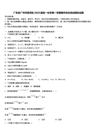 广东省广州市荔湾区2026届高一化学第一学期期中综合测试模拟试题含解析