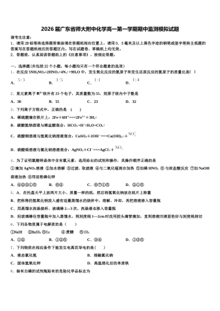 2026届广东省师大附中化学高一第一学期期中监测模拟试题含解析