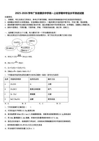 2025-2026学年广东省肇庆中学高一上化学期中学业水平测试试题含解析