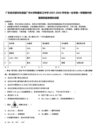 广东省河源市东源县广州大学附属东江中学2025-2026学年高一化学第一学期期中质量跟踪监视模拟试题含解析
