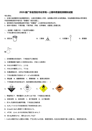2026届广东省茂名市化学高一上期中质量检测模拟试题含解析