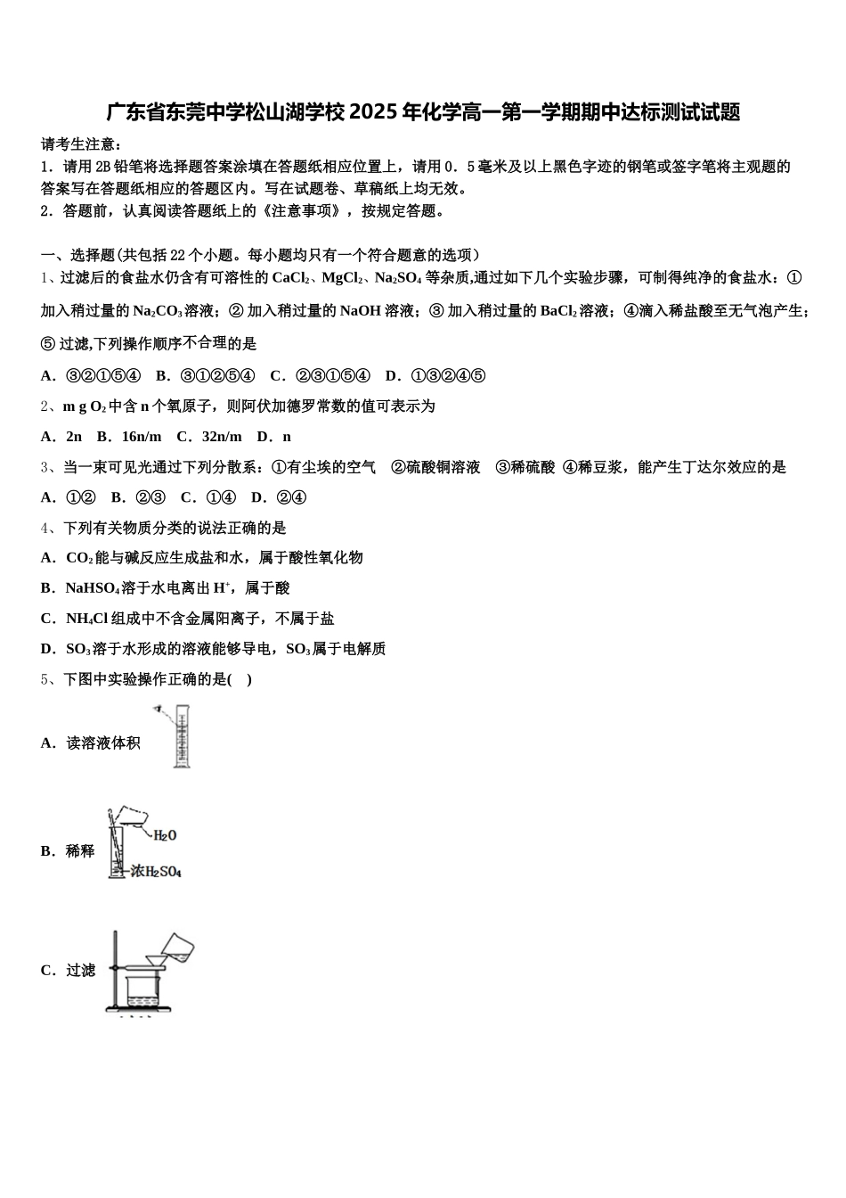 广东省东莞中学松山湖学校2025年化学高一第一学期期中达标测试试题含解析_第1页