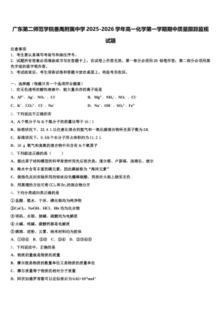 广东第二师范学院番禺附属中学2025-2026学年高一化学第一学期期中质量跟踪监视试题含解析