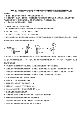 2026届广东湛江市大成中学高一化学第一学期期中质量跟踪监视模拟试题含解析