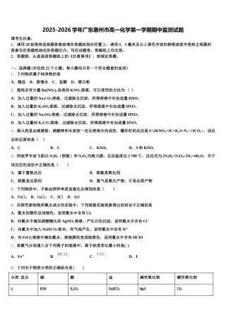 2025-2026学年广东惠州市高一化学第一学期期中监测试题含解析