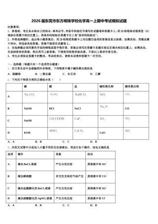 2026届东莞市东方明珠学校化学高一上期中考试模拟试题含解析