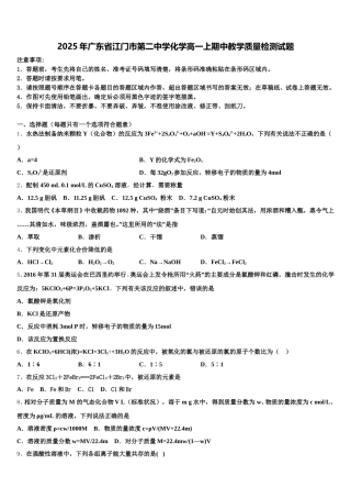 2025年广东省江门市第二中学化学高一上期中教学质量检测试题含解析