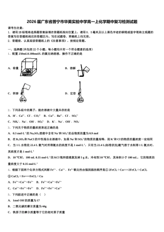 2026届广东省普宁市华美实验中学高一上化学期中复习检测试题含解析