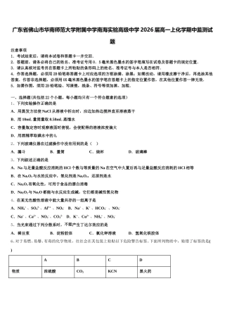 广东省佛山市华南师范大学附属中学南海实验高级中学2026届高一上化学期中监测试题含解析