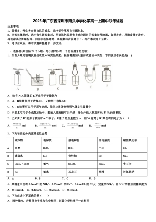 2025年广东省深圳市南头中学化学高一上期中联考试题含解析