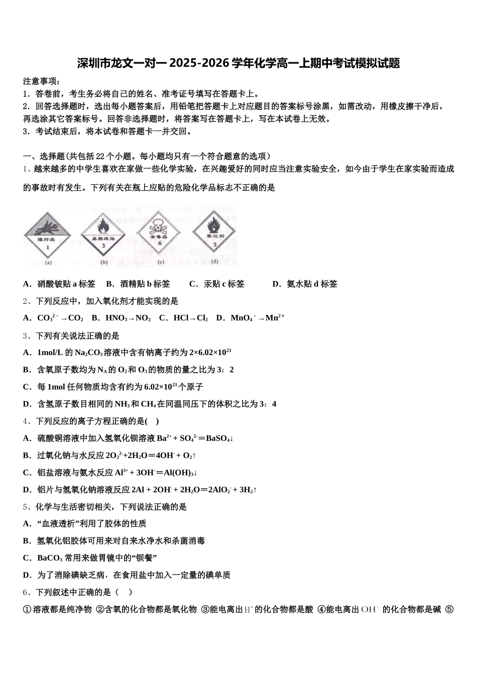 深圳市龙文一对一2025-2026学年化学高一上期中考试模拟试题含解析_第1页