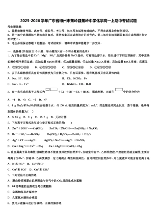 2025-2026学年广东省梅州市蕉岭县蕉岭中学化学高一上期中考试试题含解析