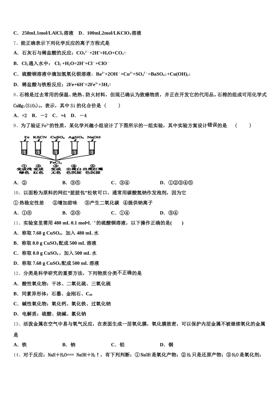 2025-2026学年广东深圳平湖外国语学校高一化学第一学期期中复习检测模拟试题含解析_第2页