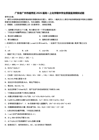 广东省广州市越秀区2026届高一上化学期中学业质量监测模拟试题含解析