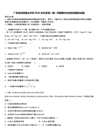 广东省深圳南头中学2025年化学高一第一学期期中达标检测模拟试题含解析
