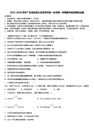 2025-2026学年广东清远恒大足球学校高一化学第一学期期中监测模拟试题含解析