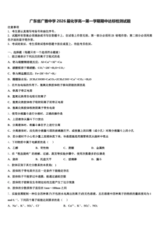 广东省广雅中学2026届化学高一第一学期期中达标检测试题含解析