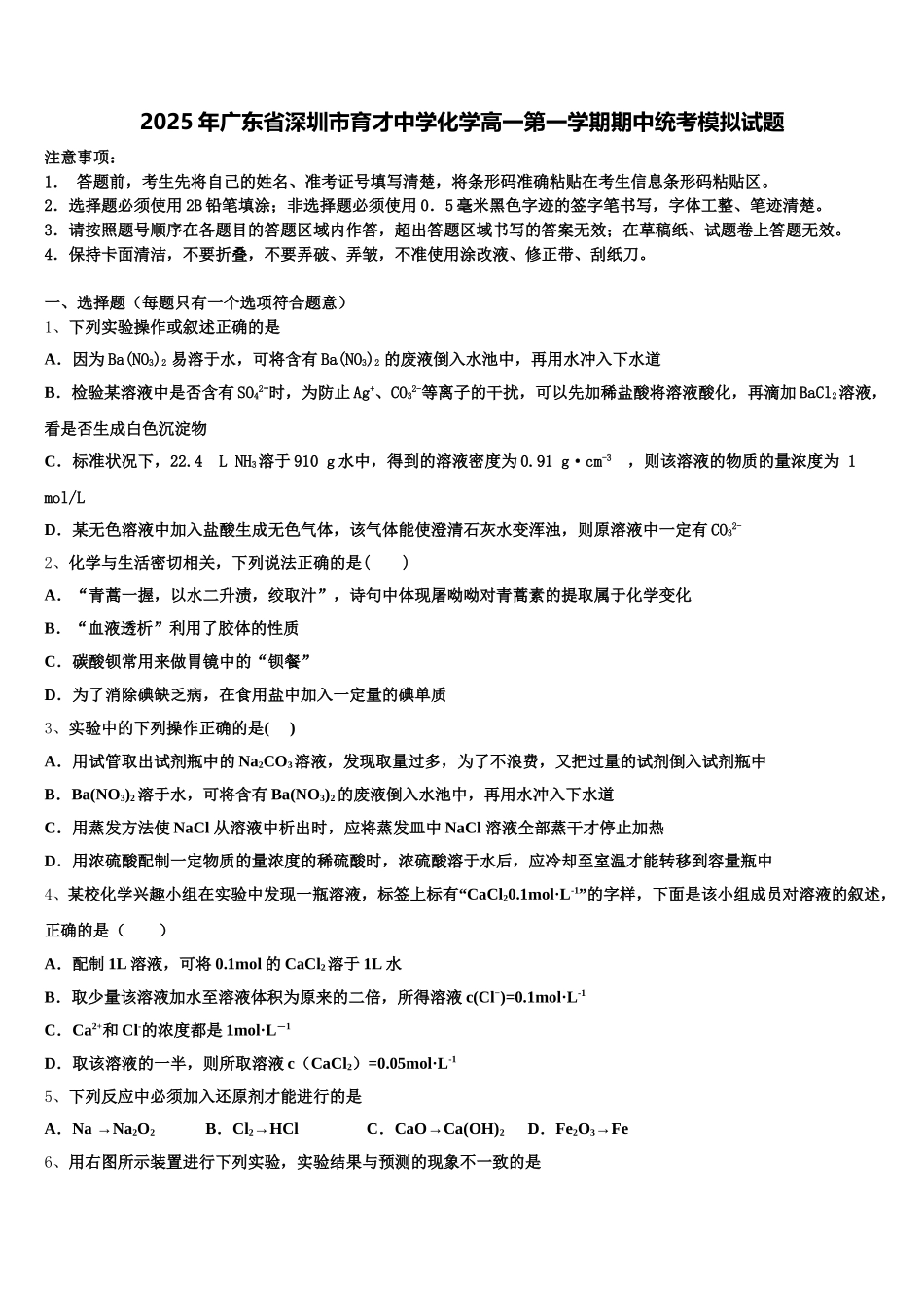 2025年广东省深圳市育才中学化学高一第一学期期中统考模拟试题含解析_第1页