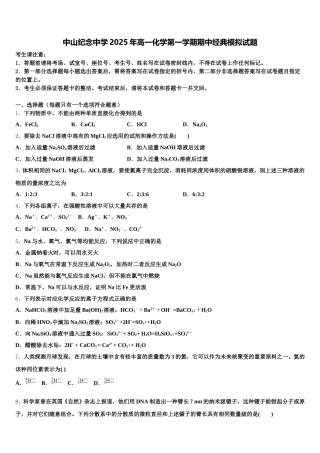 中山纪念中学2025年高一化学第一学期期中经典模拟试题含解析