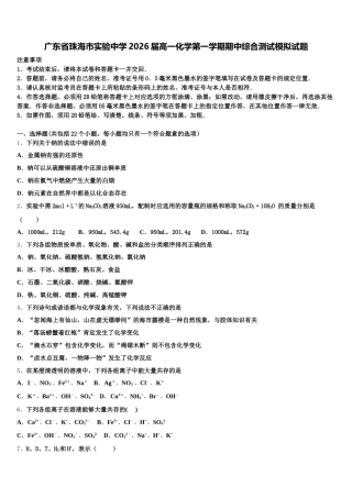 广东省珠海市实验中学2026届高一化学第一学期期中综合测试模拟试题含解析