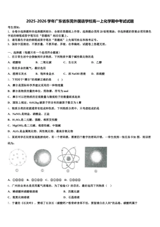 2025-2026学年广东省东莞外国语学校高一上化学期中考试试题含解析