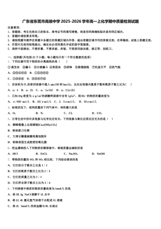 广东省东莞市高级中学2025-2026学年高一上化学期中质量检测试题含解析