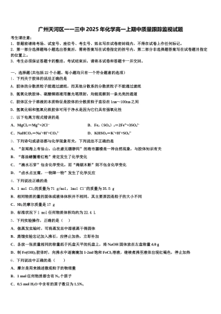 广州天河区一一三中2025年化学高一上期中质量跟踪监视试题含解析