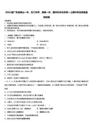 2026届广东省佛山一中，石门中学，顺德一中，国华纪中化学高一上期中学业质量监测试题含解析