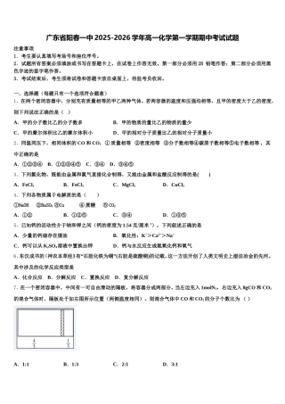 广东省阳春一中2025-2026学年高一化学第一学期期中考试试题含解析