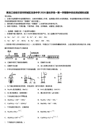 黑龙江省哈尔滨市阿城区龙涤中学2026届化学高一第一学期期中综合测试模拟试题含解析