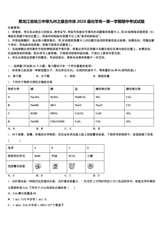 黑龙江省哈三中等九州之巅合作体2026届化学高一第一学期期中考试试题含解析