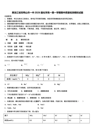 黑龙江省双鸭山市一中2026届化学高一第一学期期中质量检测模拟试题含解析