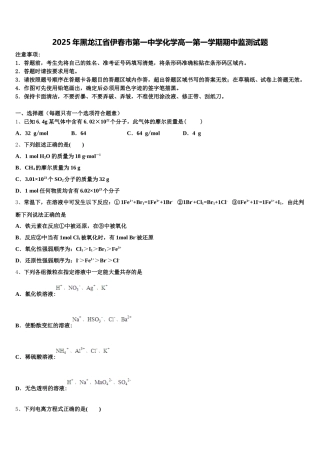 2025年黑龙江省伊春市第一中学化学高一第一学期期中监测试题含解析